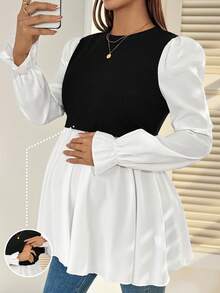 SHEIN Maternity Casual Color Block Patchwork Nursing Top, Autumn Fall - Black and White - View 1
