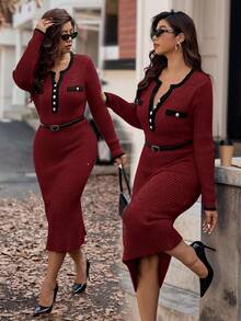 Vionelle 加大码针织法式拼色圆领长袖修身优雅简约百搭通勤女式毛衣裙，秋冬 - 酒紅色 - 查看 1