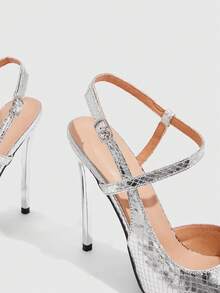 CUCCOO SZL Escarpins mode à texture de lézard argenté pour femmes, talons hauts à bout pointu avec bride à la cheville, chaussures sexy pour soirée - Argent - Voir 6