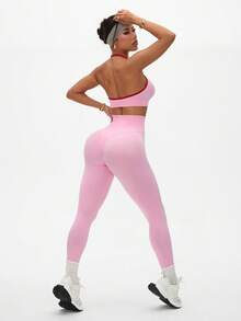 SHEIN Sovereign Charm Conjunto de sujetador deportivo sin costuras y ajustable con espalda de tirantes y mallas de yoga de talle alto para mujeres - Rosa - Ver 2