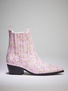 Solezae Women Western Style Casual Chic Cute Floral Print Chunky Heel Ankle Booties