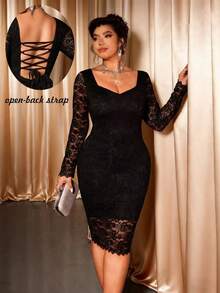 Cravure Plus Size Elegant Party Solid Color Lace Bodycon Dress Halloween - Black - View 1