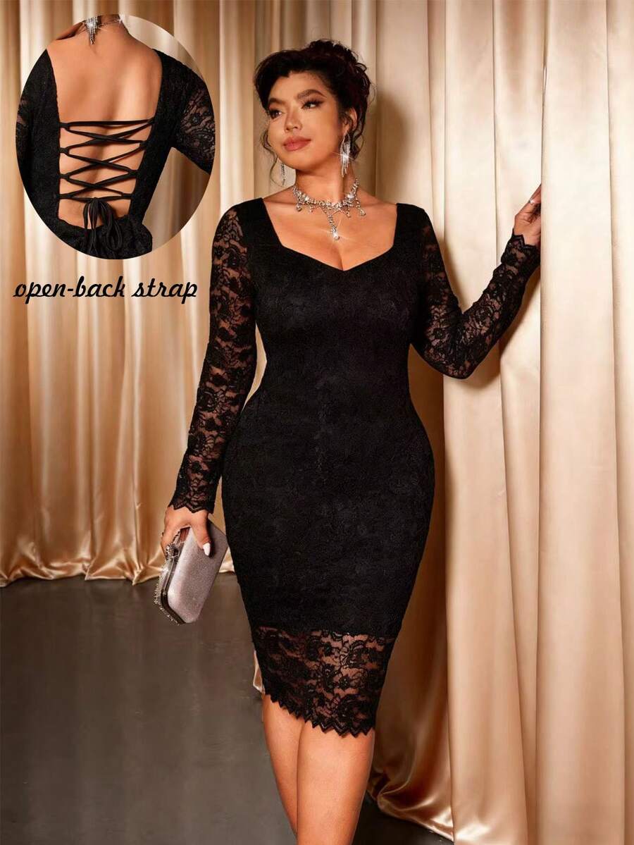 Cravure Plus Size Elegant Party Solid Color Lace Bodycon Dress Halloween - Black - View 1
