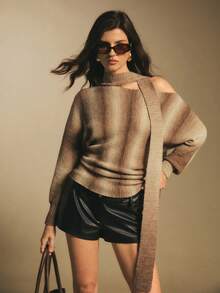 Poéselle 棕色不对称肩部毛衣，别致镂空高领围巾毛衣 – 渐变条纹套头衫，舒适中性针织面料，轻松打造秋季街头风，女士全印花不对称领长袖针织上衣（棕色），不对称针织上衣，渐变毛衣，低调奢华针织衫，舒适秋季，中性胶囊衣橱 - 彩色 - 查看 3