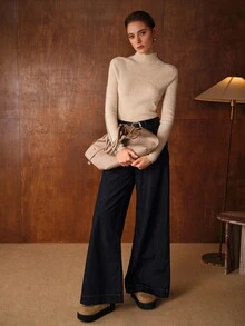 MOTF PREMIUM 100% KNITTED FUNNEL NECK CONTRAST COLOR DECORATION SLIM FIT SWEATER, AUTUMN/WINTER - Camel - View 6