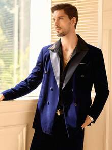 Mainfolk Men's Fashionable Commuter Contrast Color Lapel Blazer, For Fall Winter - Blue - View 1