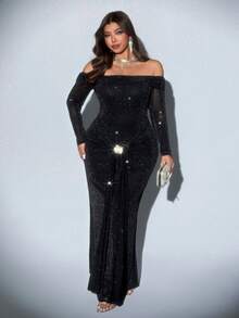 Viva Relle Đầm ôm sát vai cổ lọ tay dài đính sequin ánh kim cỡ lớn, có họa tiết đá pha lê, buộc chéo và dài đến đầu gối, đầm dự tiệc - màu đen - Xem 4