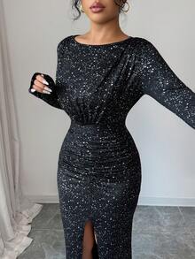 Rafferiza Women Elegant Black Shiny Party Dress For Autumn Dining, Round Neck Shoulder Ruffles Front Center Pleats Hem Slit Long Hot Silver Fabric Gown - Black - View 4