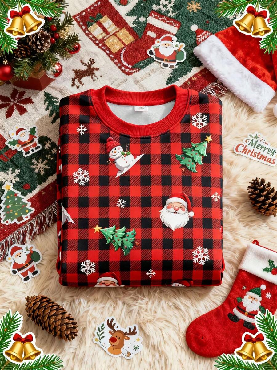 SHEIN EZwear Áo nỉ cổ tròn họa tiết kẻ caro Giáng sinh tối giản, thường ngày dành cho nữ, hình ông già Noel, cây thông Noel, người tuyết, thích hợp cho ngày lễ, mùa thu/đông - Nhiều màu - Xem 1
