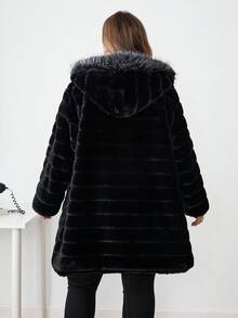 SHEIN CURVE+ 大码女式蓬松仿毛领冬季大衣 - 黑色 - 查看 2