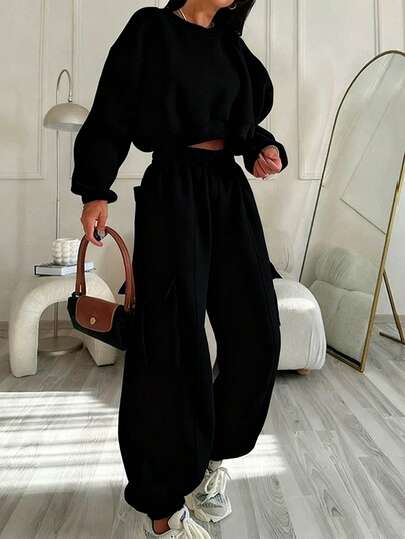 EMERY ROSE Conjunto de 2 piezas de mujer con sudadera de cuello redondo de color negro sólido de manga larga y corta, y pantalón de chándal con cintura elástica y bolsillos con puños