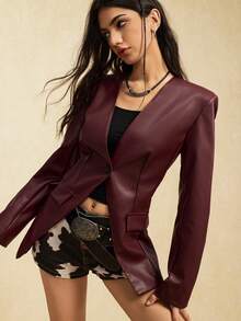 Easelle Women's Solid Color Long-Sleeved Fashionable PU Suit Jacket, Autumn Suit Jacket Button Autumn And Winter Outer Wear 2025pu Jacket - Burgundy - View 7