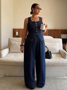 Dripcurv 大码女式休闲牛仔背心和裤子两件套，复古硬币设计，适合秋冬和新年装 - 藍色 - 查看 5