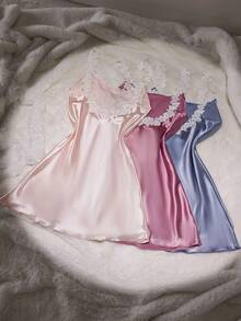 SilkySpell 3 件套女士性感蕾丝吊带睡袍，优雅缎面 3 色组合睡衣套装，适合所有季节 - 彩色 - 查看 2