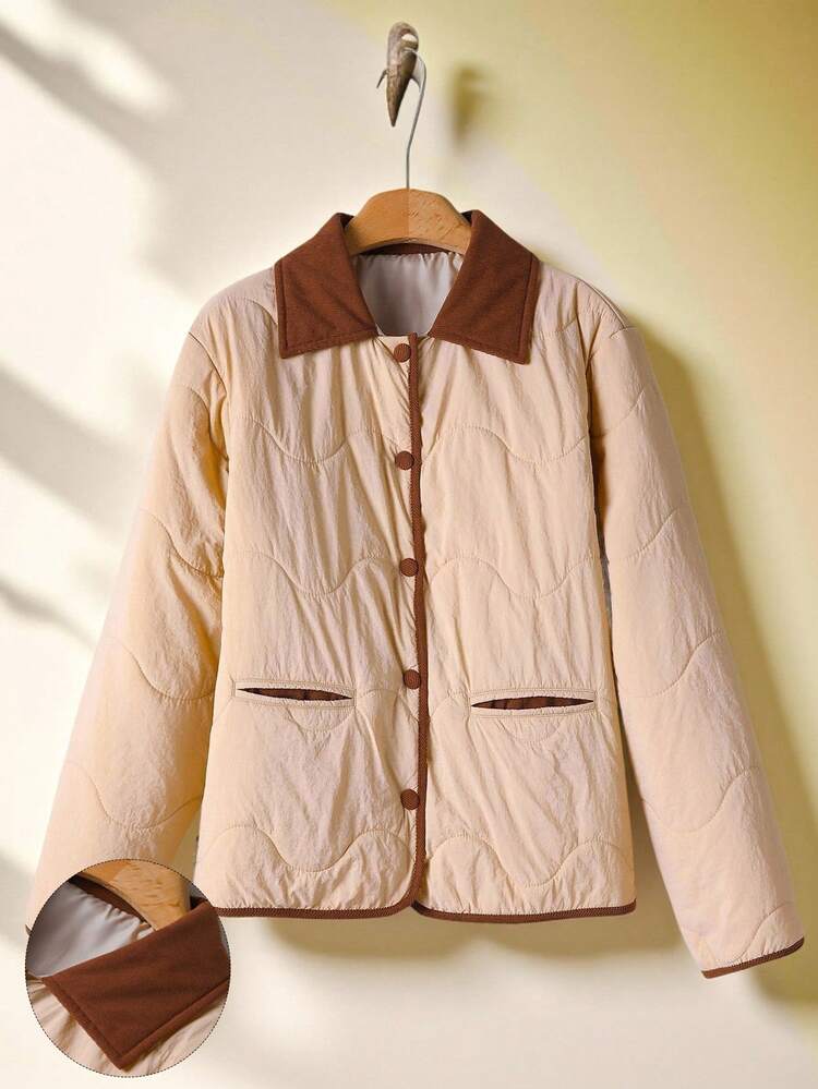 Women's Contrast Color Block Collar Long Sleeve Single-Breasted Warm Casual Padded Coat Women's Winter Sweater Fall Women Clothes  Fall Clothes For Women  Autumn Clothes Fall Tops Women  Winter Coat Women , Casual Women Outfits Winter Clothes For Women