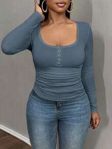 Slaydiva Camiseta casual de mujer de unicolor con pliegues, versátil para el otoño - Azul - Ver 3