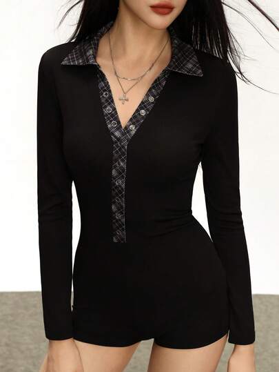 Rina Fox Women's All-Match Plaid Patchwork Long Sleeve Casual Jumpsuit