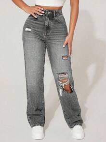 SHEIN PETITE Women's Distressed Denim Jeans, Fashion Summer Pants ,Petite Women - Light Grey - View 6