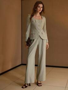 MOTF PREMIUM FEATHER EMBROIDERY SQUARE COLLAR RHINESTONE BUTTON WAIST CINCHED PUFF SLEEVE ELEGANT CASUAL JACKET