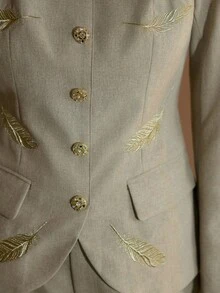 MOTF PREMIUM FEATHER EMBROIDERY SQUARE COLLAR RHINESTONE BUTTON WAIST CINCHED PUFF SLEEVE ELEGANT CASUAL JACKET