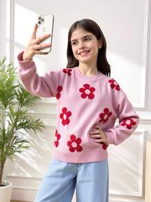 SHEIN Tween 女童休闲花卉图案圆领毛衣 - 粉色 - 查看 3