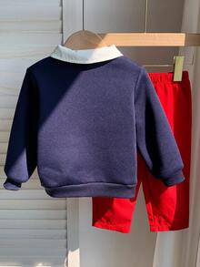 SHEIN Bộ 2 quần áo nỉ có mũ họa tiết chữ màu xanh navy dễ thương thời trang thu đông cho bé trai và quần cạp chun, thích hợp cho tiệc sinh nhật, tiệc rave, tiệc tối, biểu diễn, đám cưới, tháng đầu tiên, lễ rửa tội và lễ kỷ niệm sinh nhật đầu tiên, khách dự tiệc cưới, trang phục rửa tội cho tiệc chào đón em bé - Nhiều màu - Xem 2