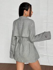 SHEIN EZwear 女士前扣长袖翻领简约休闲风衣，秋冬款 - 灰色 - 查看 2