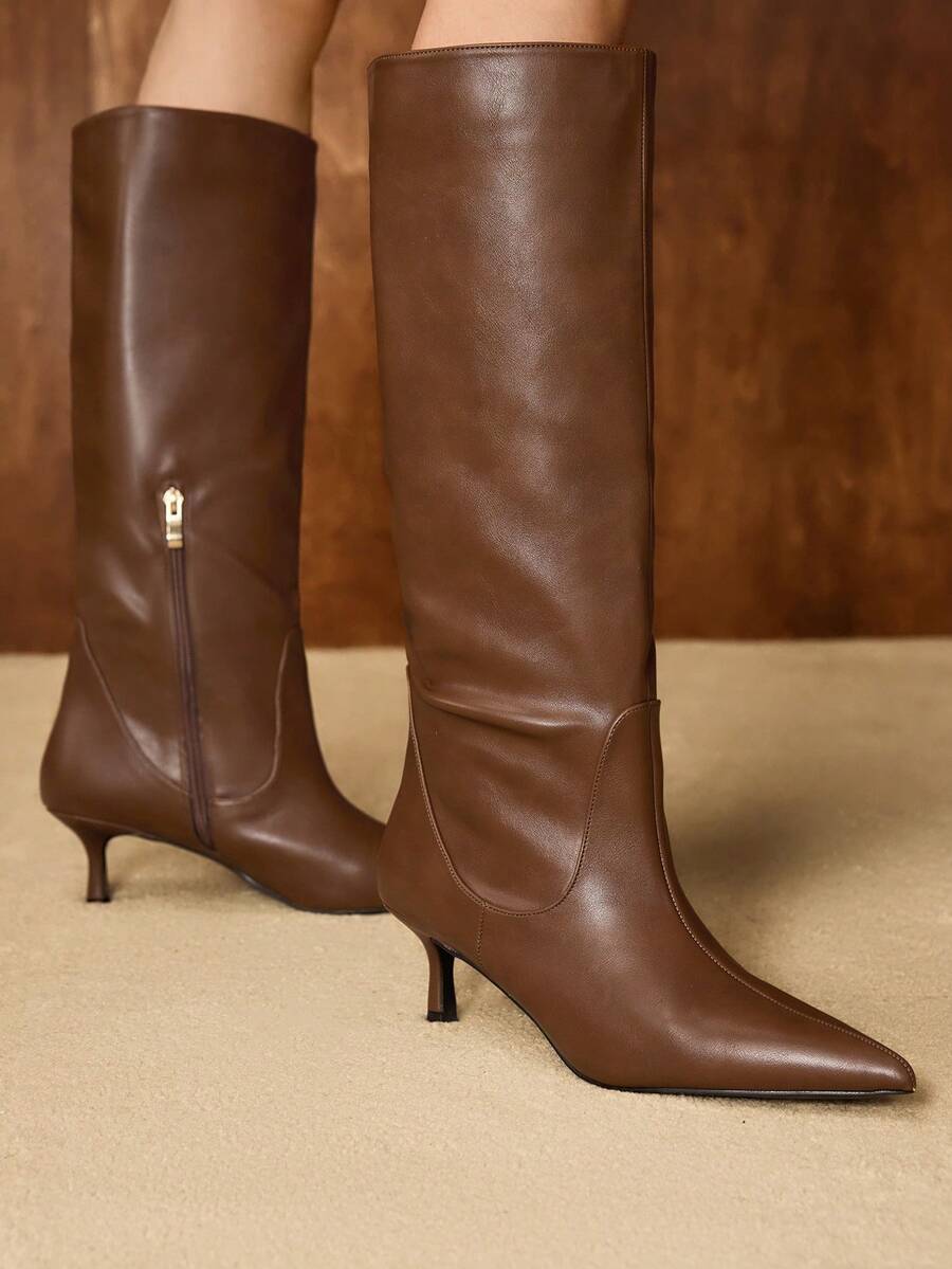 MOTF PREMIUM 全新女士尖头直筒高跟及膝靴 - 棕色 - 查看 1