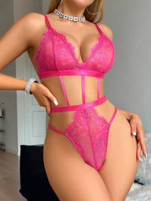 Classic Sexy Women's Hollow Out Design Spaghetti Strap French Lace Bodysuit Lingerie - Watermelon Pink - View 2