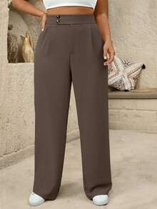 SHEIN Tall 大码女式高腰褶皱阔腿休闲裤 - 摩卡棕 - 查看 1