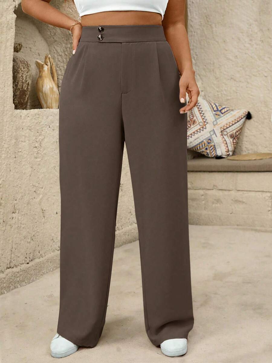SHEIN Tall 大码女式高腰褶皱阔腿休闲裤 - 摩卡棕 - 查看 1