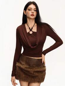 Rina Fox Áo thun dài tay dệt kim hở cổ đính hạt gợi cảm Y2K thời trang và thoải mái dành cho nữ, áo ôm vừa vặn, thích hợp mặc hàng ngày, đi làm, hẹn hò, tiệc tùng, hòa nhạc, nghỉ dưỡng và nhiều dịp trong nhà/ngoài trời khác - màu nâu - Xem 3