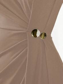 Lumivelle فستان نسائي طويل الأكمام ضيق الجسم مع ياقة دائرية حديثة، مزين بأزرار وطيات على الخصر