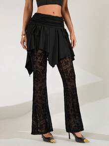 Franclia Pantalones de encaje con cintura con cordón, bajo asimétrico y pierna acampanada, adelgazantes, para Halloween, fiestas y vacaciones - Negro - Ver 7