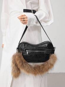 SHECARRY Sac à épaule pour femmes, sac Hobo, en PU, noir, à la mode, personnalisé, simple, polyvalent, de rue, doux et cool pour les filles, les filles branchées, Y2K, pour le trajet, le bureau, les rendez-vous, le quotidien, les courses, le thé de l'après-midi (Charm de sac en peluche) - Noir - Voir 2