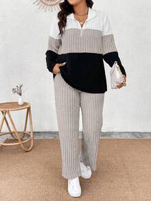 EMERY ROSE Áo thun dệt kim mềm tay dài có khóa kéo cổ áo cỡ lớn phối màu và quần gân mềm mại, trang phục thường ngày 2 món - Nhiều màu - Xem 8