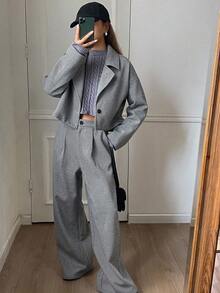 Livesso Completo casual elegante da donna per l'ufficio e il tempo libero, composto da giacca corta con stampa a quadri su tutto il capo e collo a risvolto, e pantaloni a gamba dritta, adatto per l'autunno/inverno - Cachi - Visualizzare 3