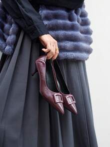 CUCCOO BIZCHIC Tacones altos de mujer con hebilla cuadrada negra, punta afilada, tacón de aguja medio, elegantes, casuales, minimalistas, cómodos, de fácil deslizamiento, para oficina y traslados, con estilo chic, adecuados para citas, trabajo y ocasiones formales - Burdeos - Ver 3