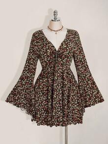 SHEIN ICON 女式加大码修身喇叭袖花卉印花连衣裙，秋季花卉连衣裙，返校装，秋季连衣裙 - 彩色 - 查看 8