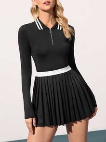 Easithlete 撞色领褶下摆运动连衣裙 - 黑色 - 查看 7