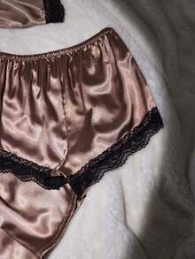 SilkySpell 4pcs/Set Women Sexy Satin Camisole Top, Pants, Elegant Robe, Shorts, Plus Size Pajama Set, Khaki, All Season, Outerwear Satin Sleepwear Set Satin Robe Set Satin Sleep Set Fall Winter Clothes - Brown - View 6