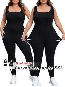 SHEIN CURVE+ Damen Jumpsuit in Große Größen, schwarz, ärmelos, rückenausschnitt, figurbetonend - Schwarz - Übersicht 1