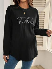 SHEIN Black Cotton Nursing Sweatshirt For New Moms With Round Neck Long Sleeves And Mama Letter Pattern Casual And Breathable Nursing Top Mama Shirt Pregnancy Shirts Breastfeeding Shirt Maternity Shirt - Black - View 6