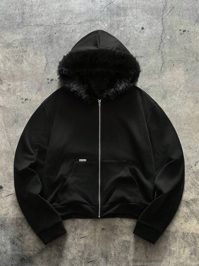 AXEPEAK 男士美式黑色毛领卫衣，小众设计修身短款连帽卫衣，适合秋冬季节，长袖上衣