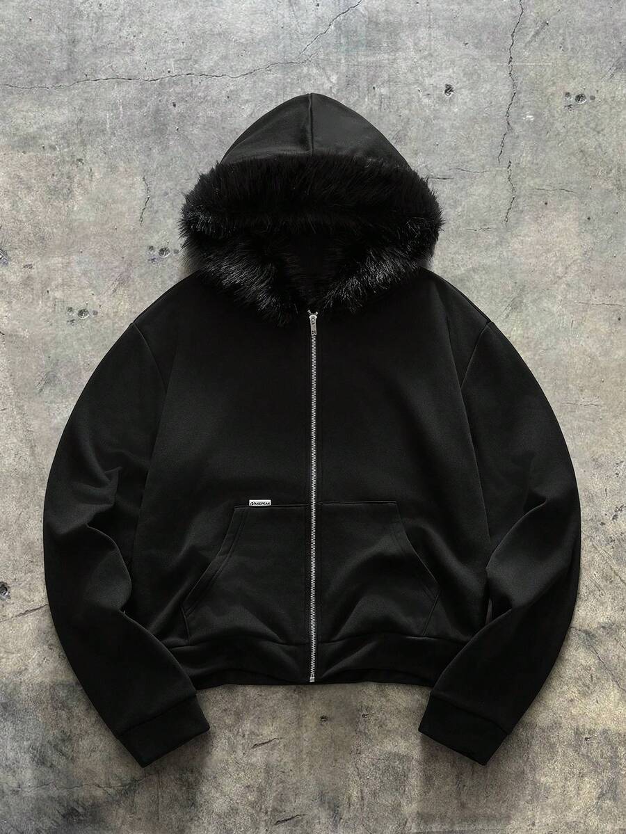 AXEPEAK 男士美式黑色毛领卫衣，小众设计修身短款连帽卫衣，适合秋冬季节，长袖上衣 - 黑色 - 查看 1