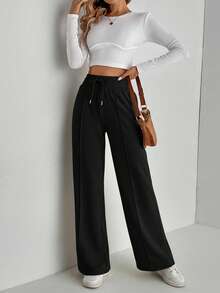 SHEIN Tall 净色抽绳腰部阔腿运动裤 - 黑色 - 查看 6