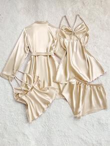 SHEIN SilkySpell Plunging Neck Cami Dress, Camisole Top, Shorts, And Robe Sleepwear Set Satin Sleepwear Set Lingerie Robe Set Lingerie Sleep Set, Fall Winter Clothes