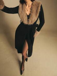 Poéselle Black Belted Faux-Fur Collar Maxi Coat – Longline Wrap Trench With Plush Cuffs & Subtle Sparkle,Longline Maxi Trench,Holiday Party Outerwear,Glamorous Winter Coat,Faux Fur Trim Jacket,Black Evening Coat,Statement Collar Coat,Women's Fashionable Fuzzy Patchwork Jacket, Autumn/Winter,Winter Clothes For Women - Black - View 1