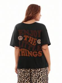 Solavibe 大码休闲“享受小事”笑脸印花圆领短袖宽松女式 T 恤，夏季，图案 T 恤