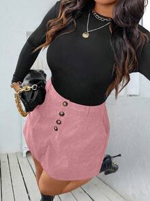 SHEIN LUNE Plus Size Women Solid Color Button Front Pocket Casual Skirt Fall - Pink - View 3